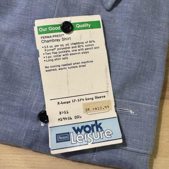 Vintage Sears Perma Prest Blue 70s Work Chambray Shirt Men's Sz XL 17-17.5 NEW - Picture 2 of 5